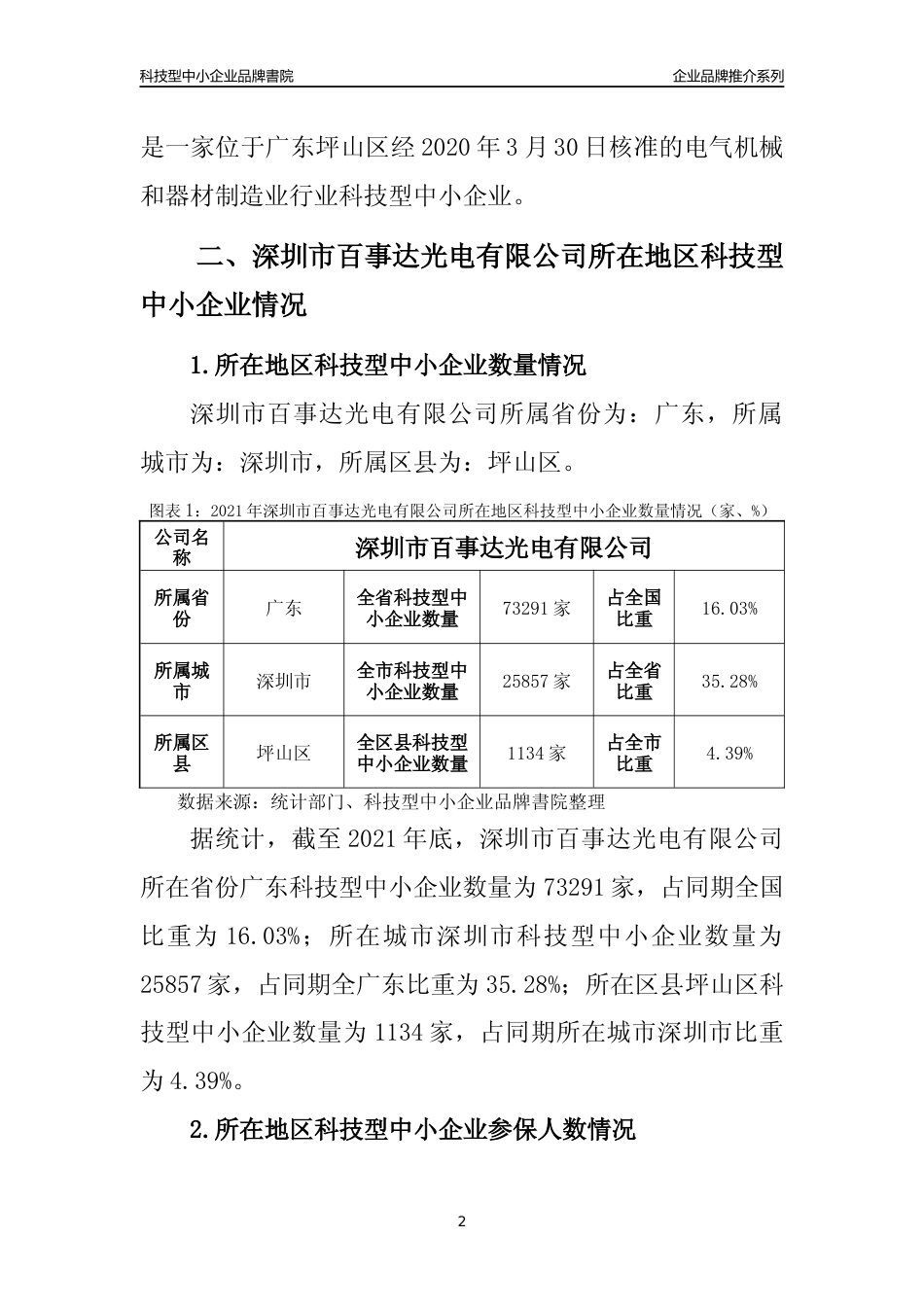 【科技型中小企业】深圳市百事达光电有限公司品牌推介及所在地区和行业企业发展情况分析报告（2021年）_第2页