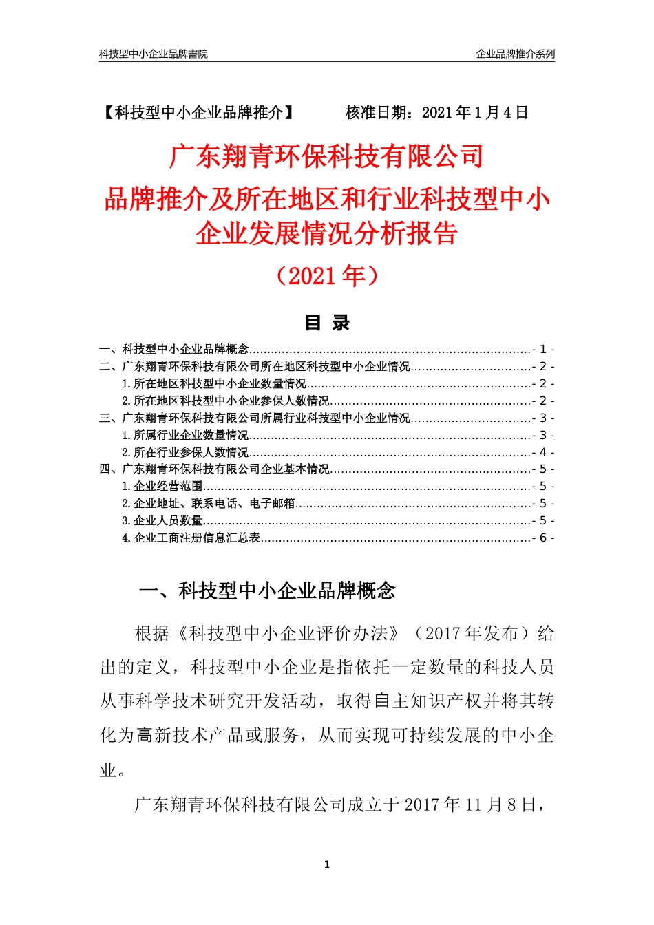 【科技型中小企业】广东翔青环保科技有限公司品牌推介及所在地区和行业企业发展情况分析报告（2021年）_第1页