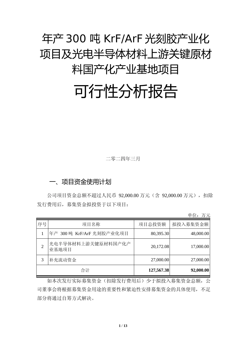年产300 吨 KrF-ArF光刻胶产业化项目及光电半导体材料上游关键原材料国产化产业基地项目可行性分析报告_第1页