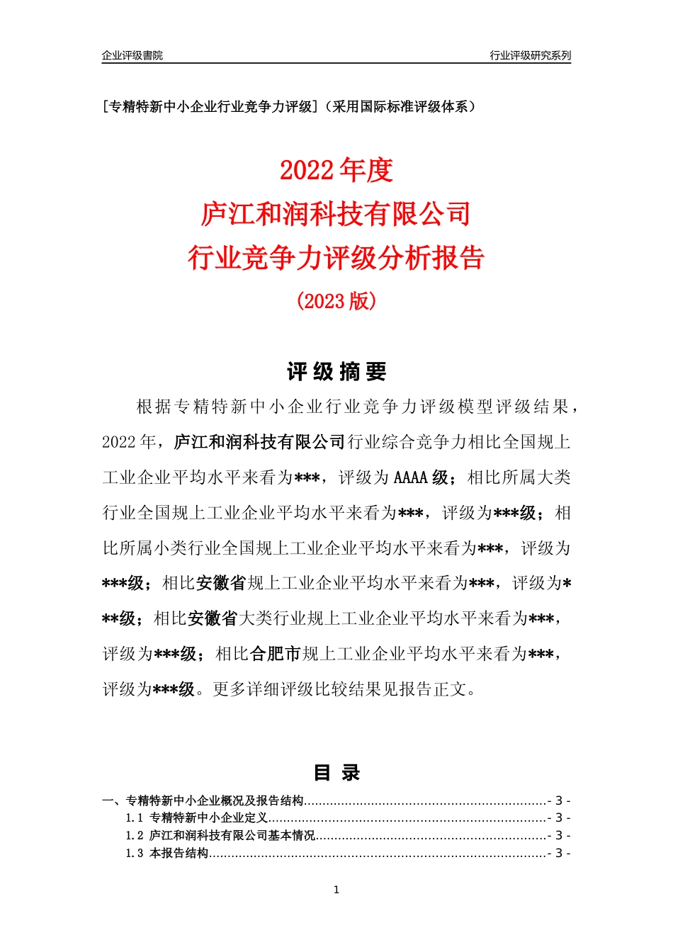 [专精特新]2022年庐江和润科技有限公司行业竞争力评级分析报告(2023版)_第1页