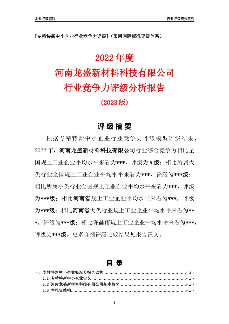 [专精特新]2022年河南龙盛新材料科技有限公司行业竞争力评级分析报告(2023版)_第1页