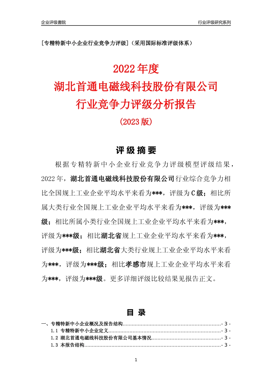 [专精特新]2022年湖北首通电磁线科技股份有限公司行业竞争力评级分析报告(2023版)_第1页