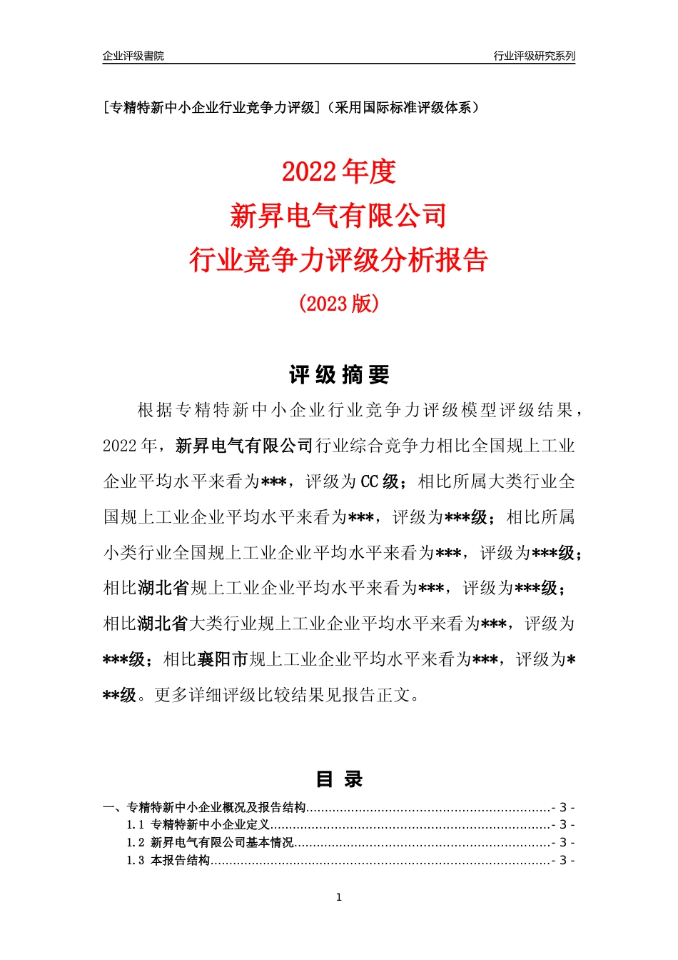 [专精特新]2022年新昇电气有限公司行业竞争力评级分析报告(2023版)_第1页