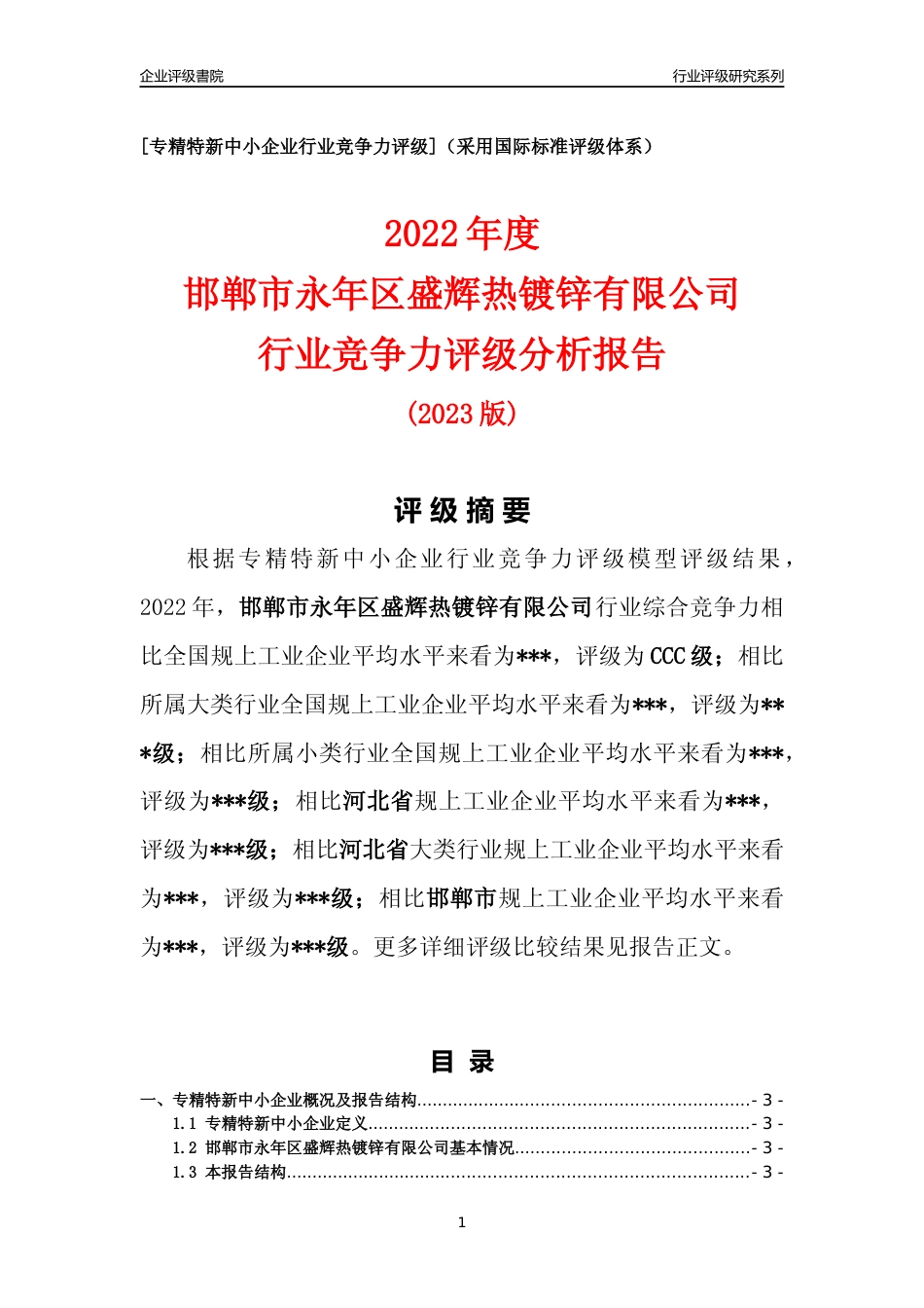 [专精特新]2022年邯郸市永年区盛辉热镀锌有限公司行业竞争力评级分析报告(2023版)_第1页