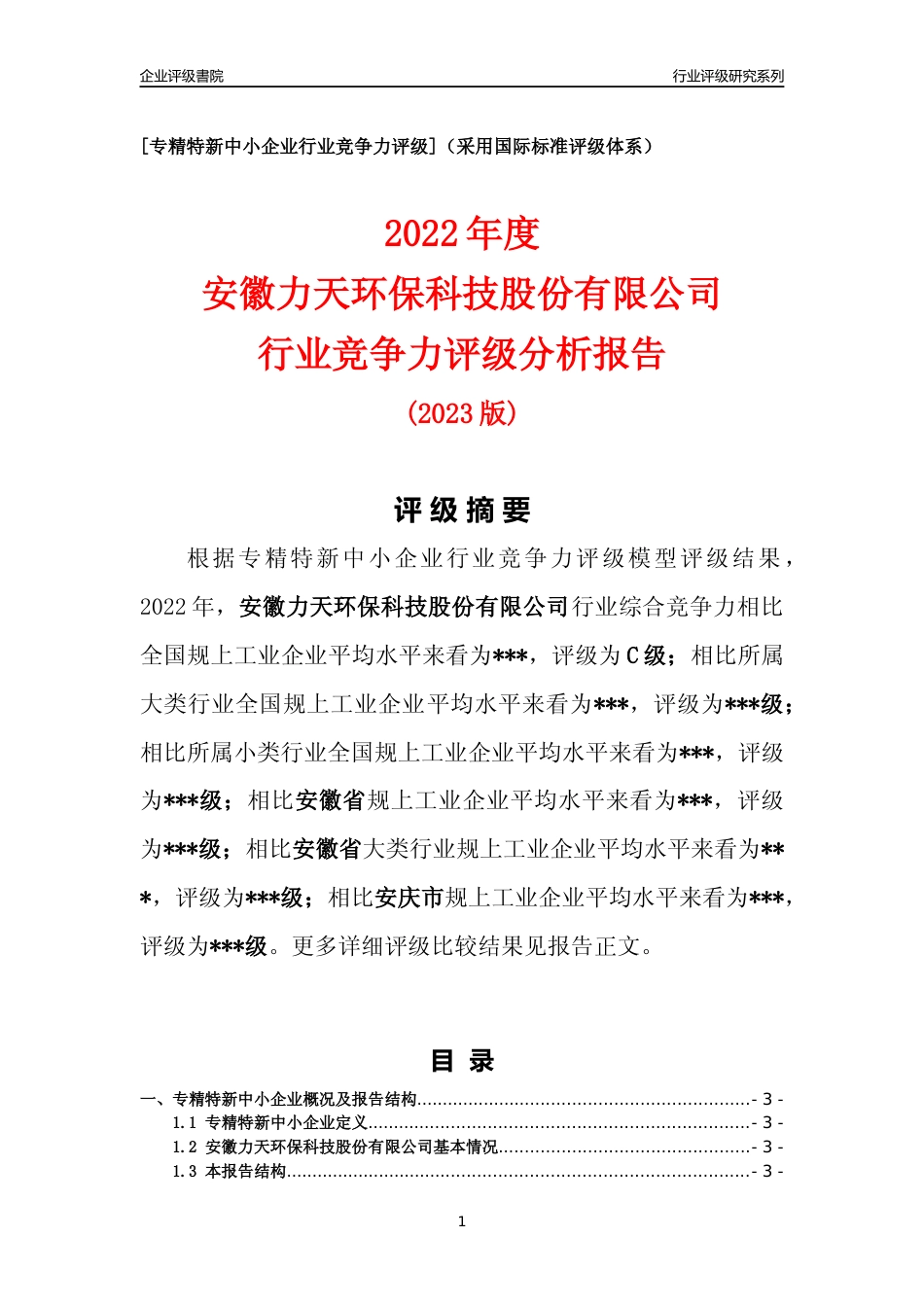 [专精特新]2022年安徽力天环保科技股份有限公司行业竞争力评级分析报告(2023版)_第1页