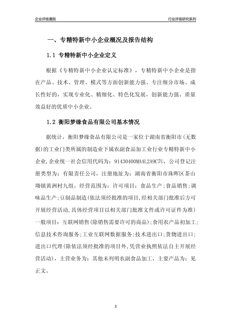 [专精特新]2022年衡阳梦缘食品有限公司行业竞争力评级分析报告(2023版)_第3页