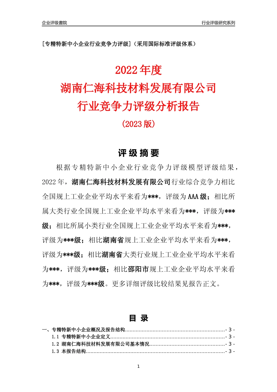 [专精特新]湖南仁海科技材料发展有限公司行业竞争力评级分析报告(2023版)_第1页