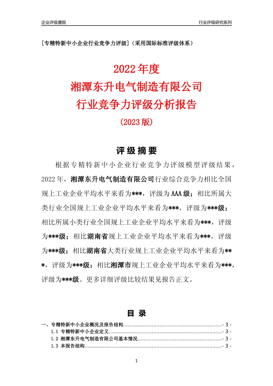 [专精特新]2022年湘潭东升电气制造有限公司行业竞争力评级分析报告(2023版)_第1页