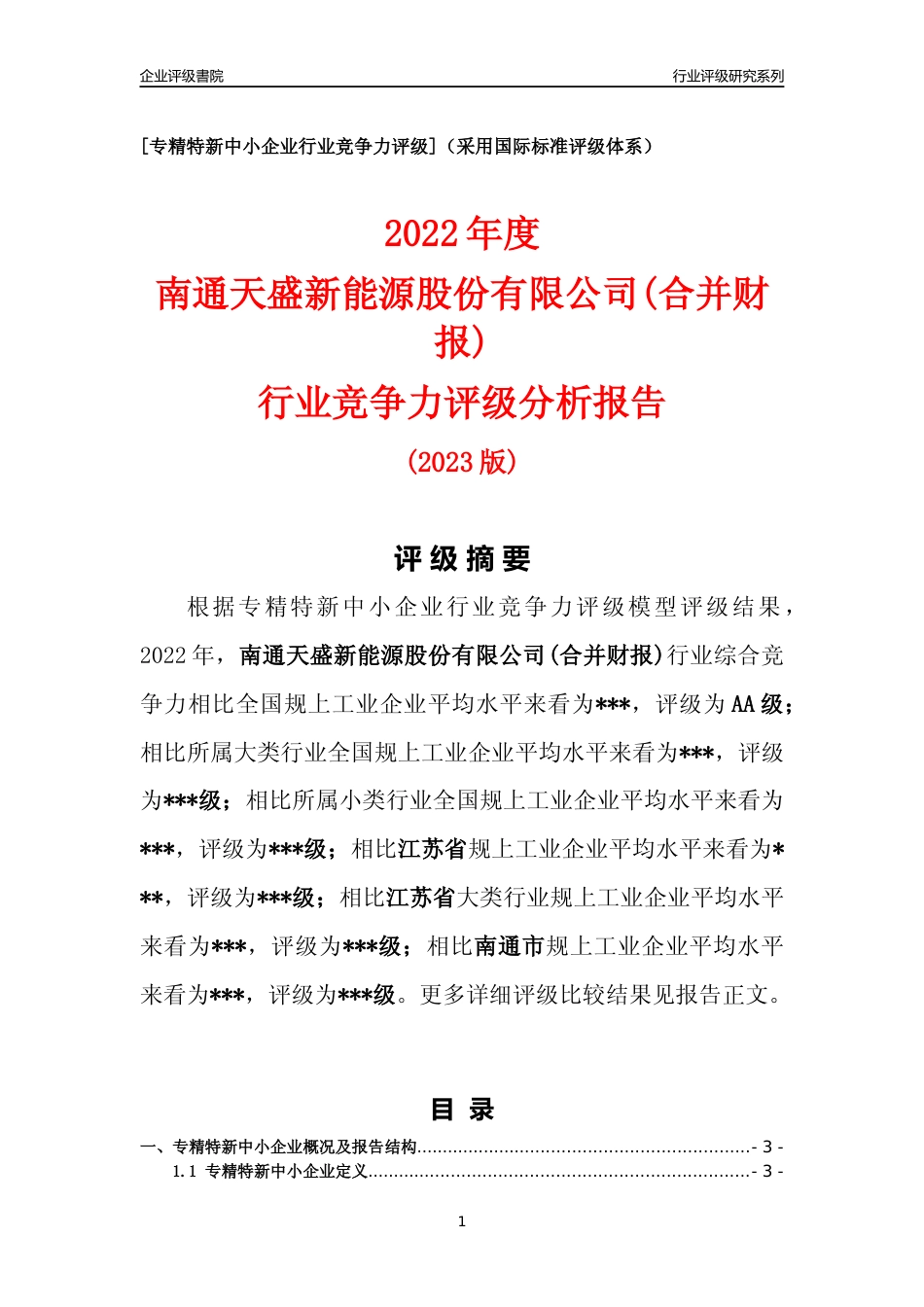 [专精特新]2022年南通天盛新能源股份有限公司(合并财报)行业竞争力评级分析报告(2023版)_第1页