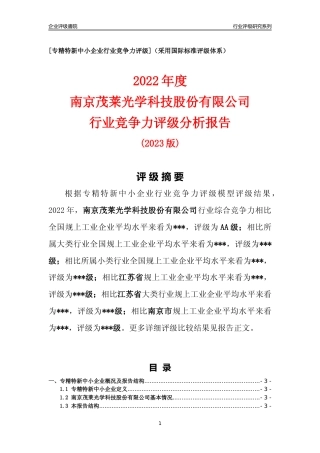 [专精特新]南京茂莱光学科技股份有限公司行业竞争力评级分析报告(2023版)