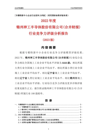 [专精特新]锦州神工半导体股份有限公司(合并财报)行业竞争力评级分析报告(2023版)