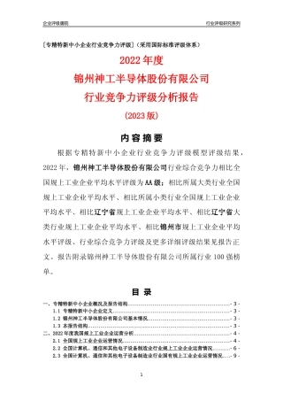 [专精特新]锦州神工半导体股份有限公司行业竞争力评级分析报告(2023版)