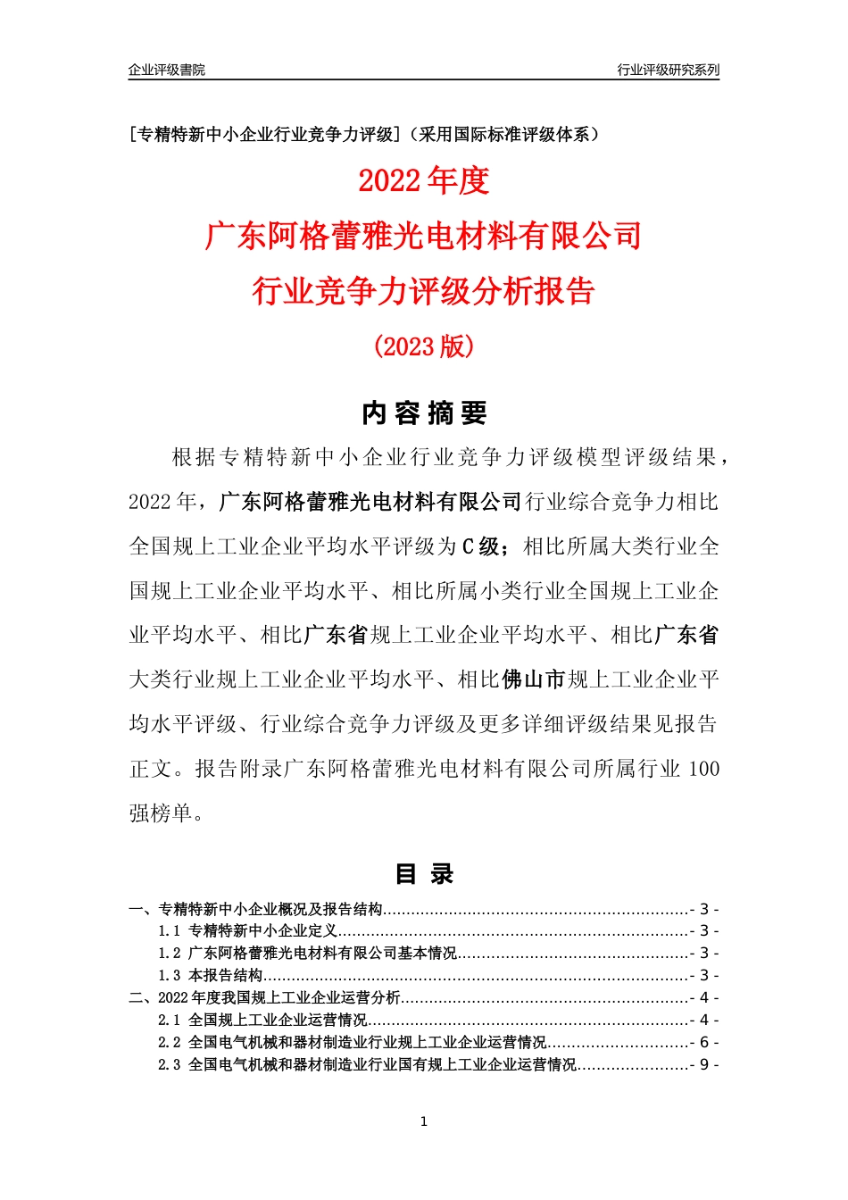 [专精特新]广东阿格蕾雅光电材料有限公司行业竞争力评级分析报告(2023版)_第1页