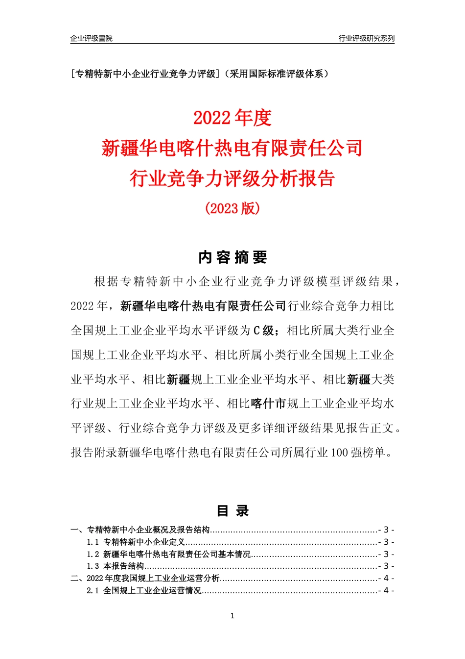 [专精特新]新疆华电喀什热电有限责任公司行业竞争力评级分析报告(2023版)_第1页