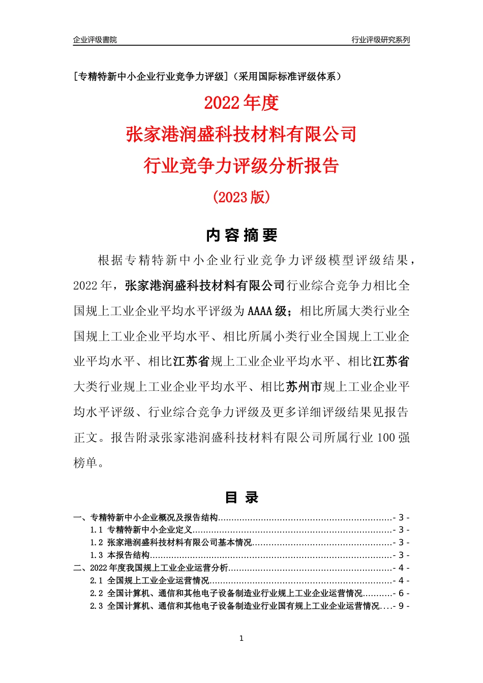 [专精特新]张家港润盛科技材料有限公司行业竞争力评级分析报告(2023版)_第1页