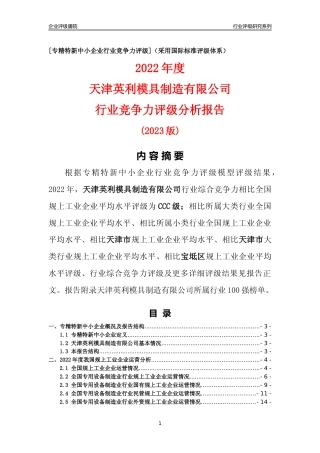 [专精特新]天津英利模具制造有限公司行业竞争力评级分析报告(2023版)
