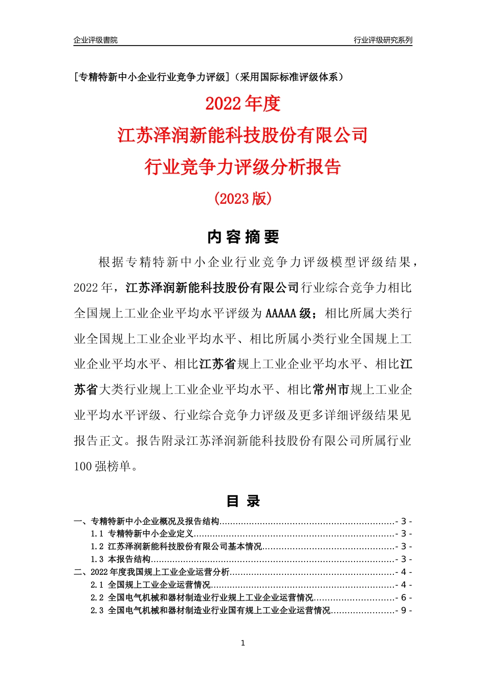 [专精特新]江苏泽润新能科技股份有限公司行业竞争力评级分析报告(2023版)_第1页