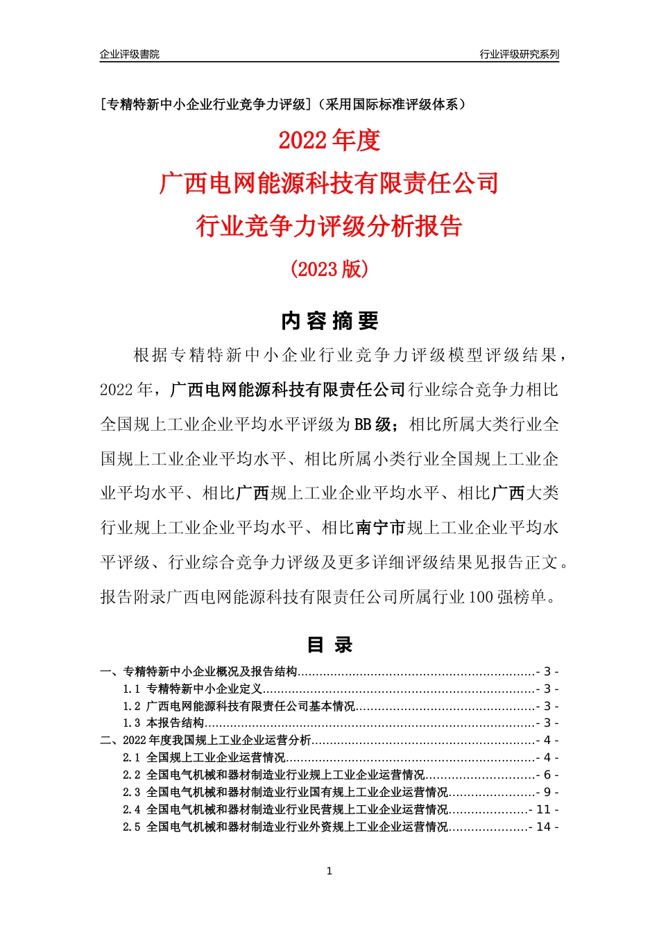 [专精特新]广西电网能源科技有限责任公司行业竞争力评级分析报告(2023版)_第1页