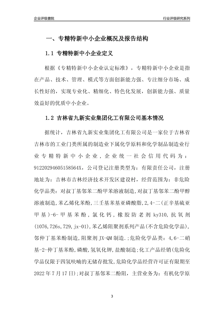 [专精特新]吉林省九新实业集团化工有限公司行业竞争力评级分析报告(2023版)_第3页