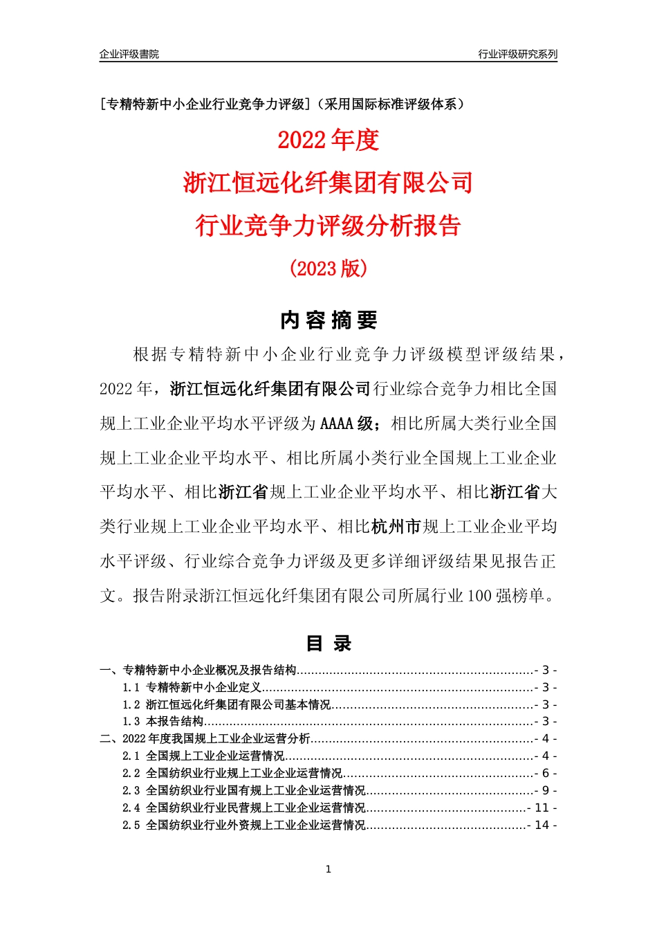 [专精特新]浙江恒远化纤集团有限公司行业竞争力评级分析报告(2023版)_第1页