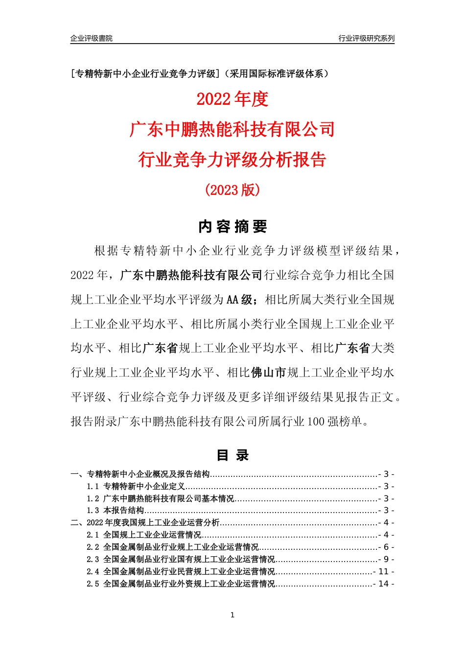 [专精特新]广东中鹏热能科技有限公司行业竞争力评级分析报告(2023版)_第1页
