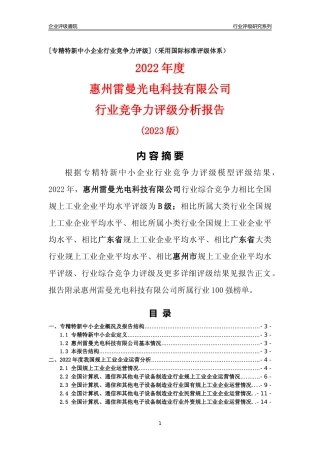 [专精特新]惠州雷曼光电科技有限公司行业竞争力评级分析报告(2023版)