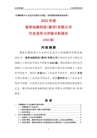 [专精特新]泰和电路科技(惠州)有限公司行业竞争力评级分析报告(2023版)