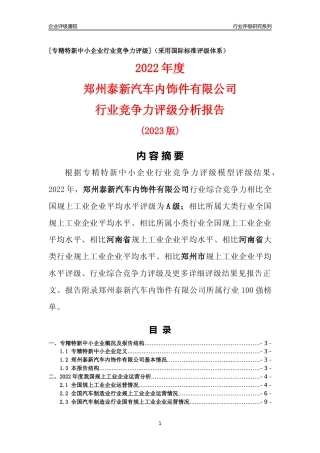 [专精特新]郑州泰新汽车内饰件有限公司行业竞争力评级分析报告(2023版)