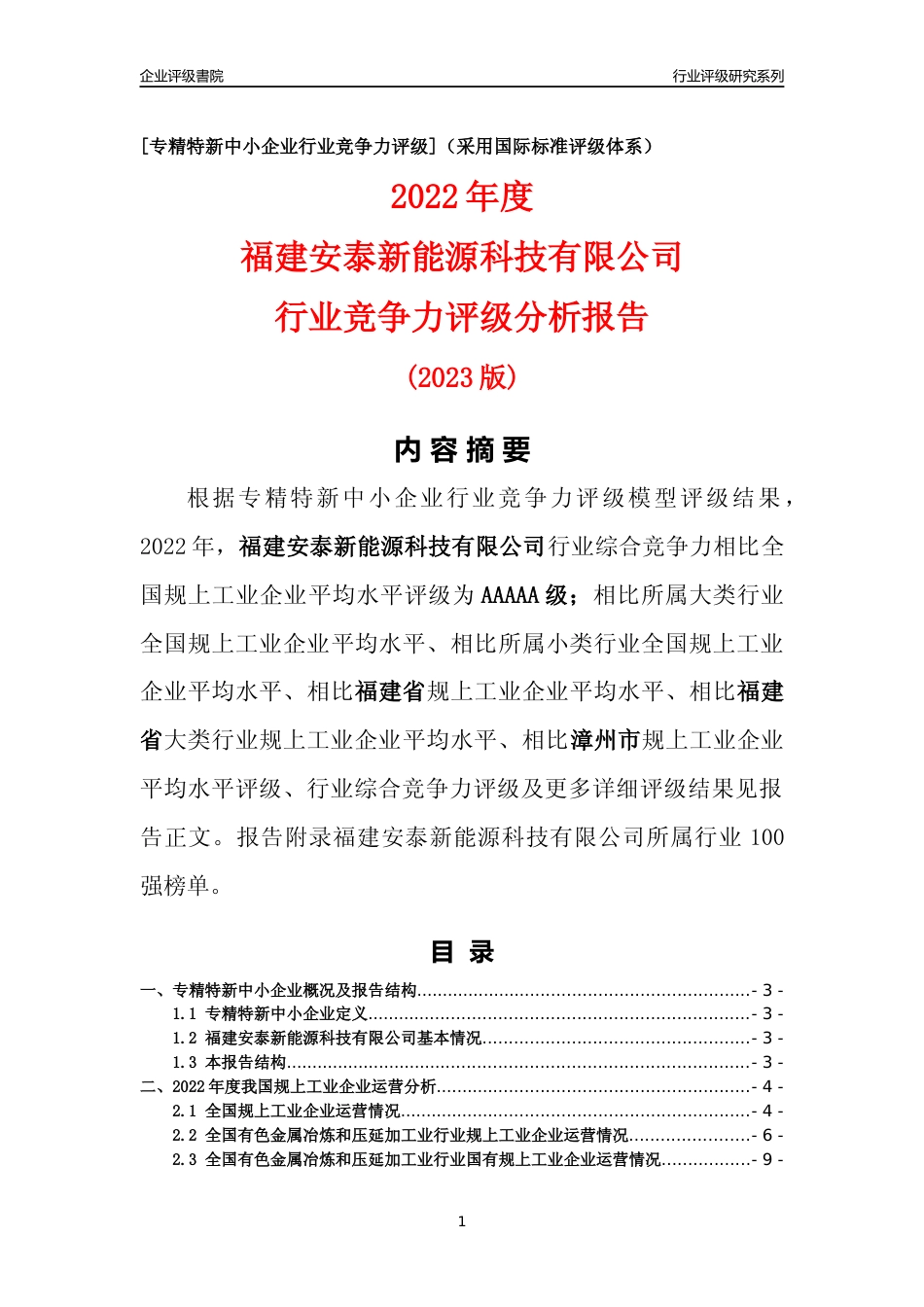 [专精特新]福建安泰新能源科技有限公司行业竞争力评级分析报告(2023版)_第1页