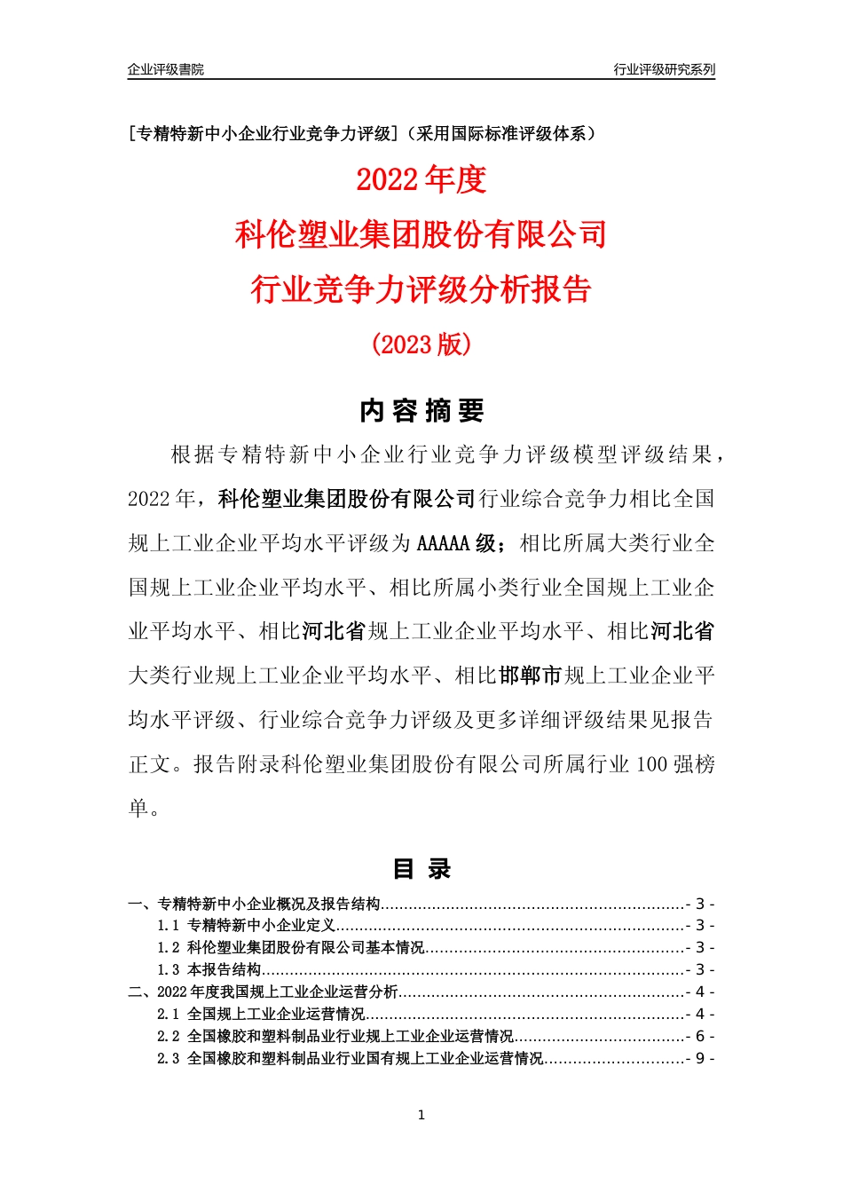 [专精特新]科伦塑业集团股份有限公司行业竞争力评级分析报告(2023版)_第1页