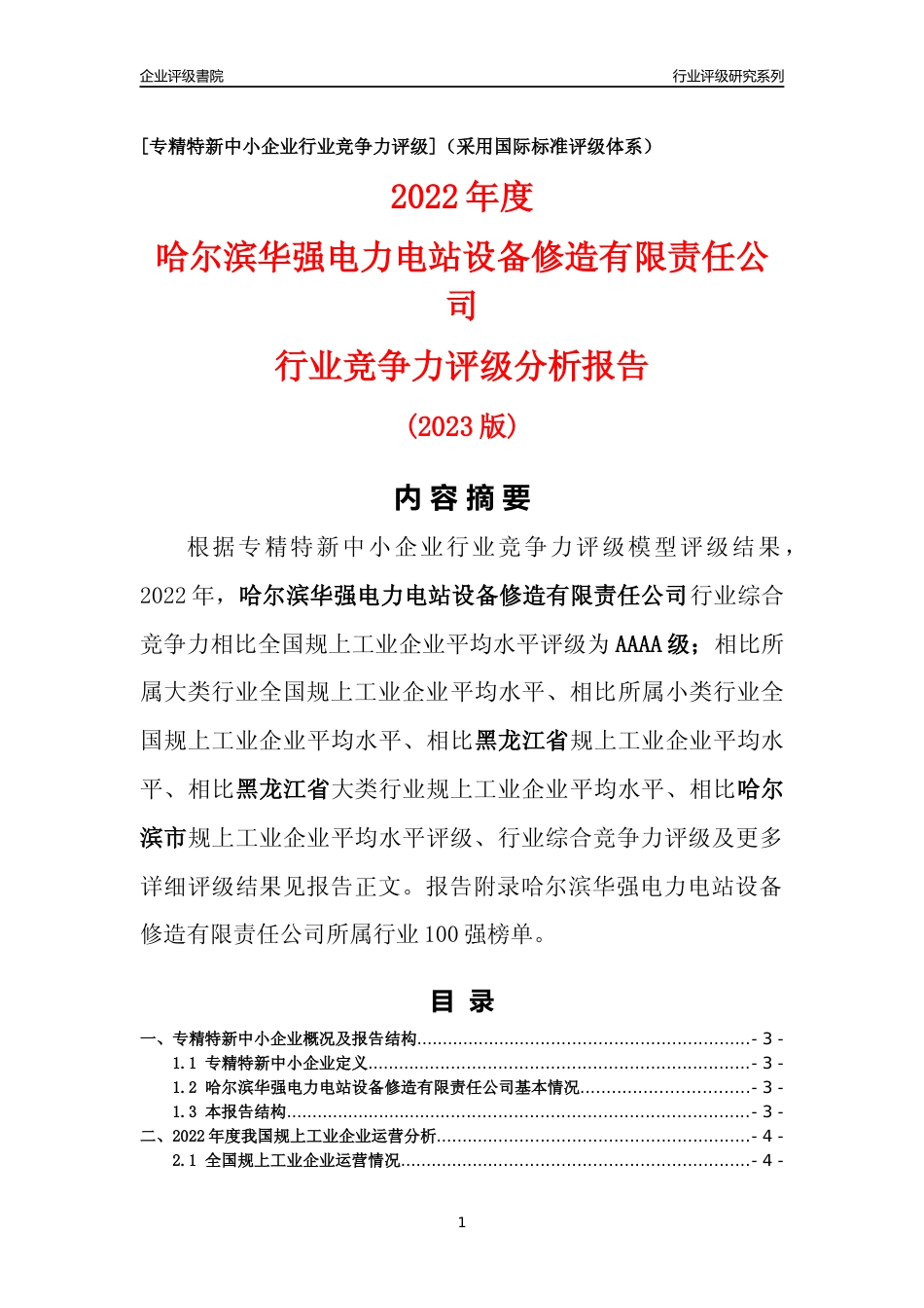 [专精特新]哈尔滨华强电力电站设备修造有限责任公司行业竞争力评级分析报告(2023版)_第1页