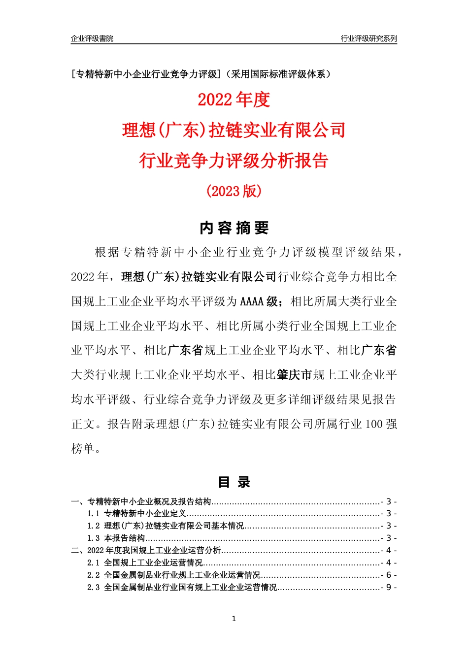 [专精特新]理想(广东)拉链实业有限公司行业竞争力评级分析报告(2023版)_第1页
