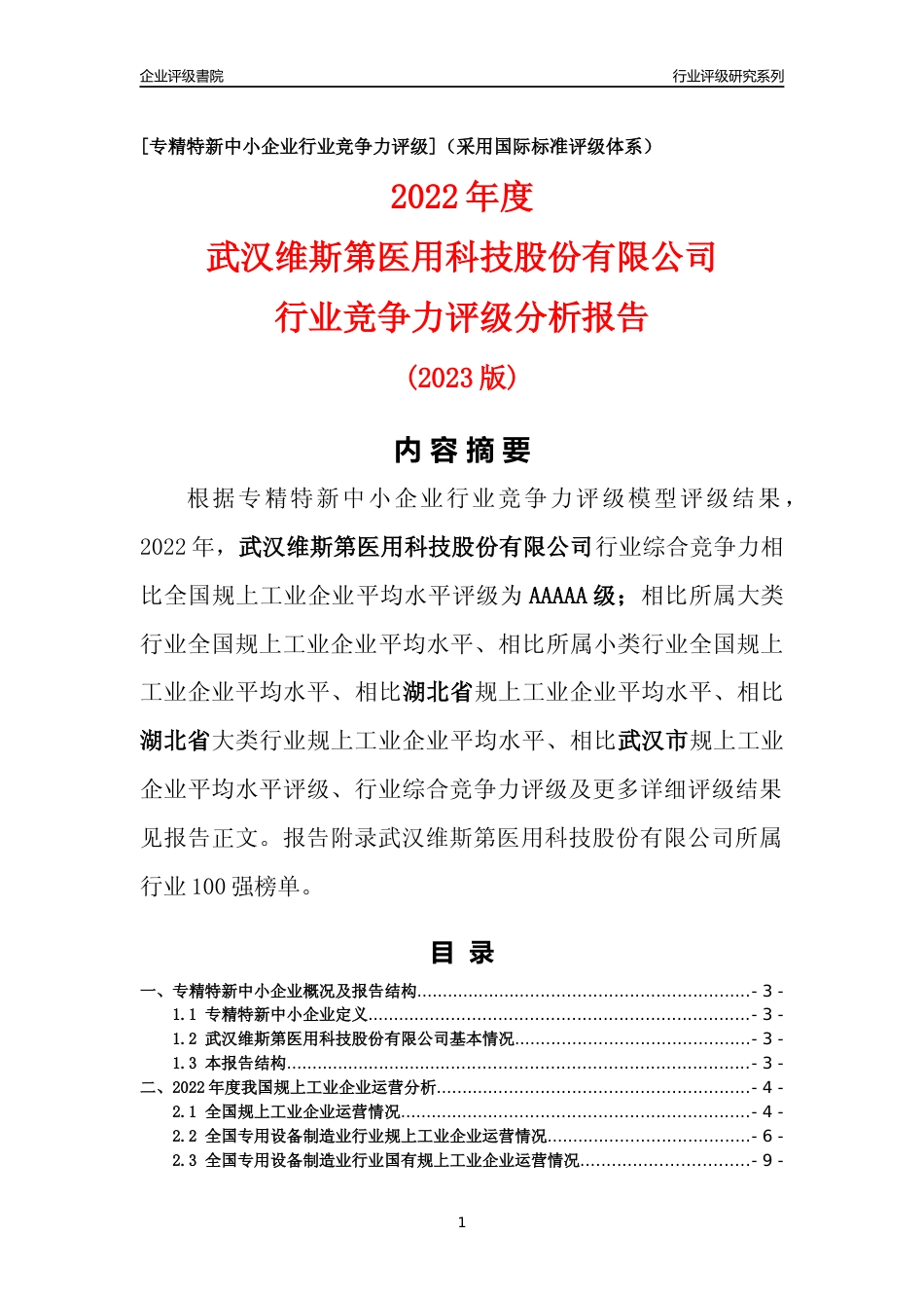 [专精特新]武汉维斯第医用科技股份有限公司行业竞争力评级分析报告(2023版)_第1页
