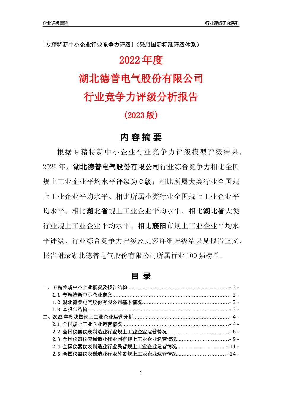 [专精特新]湖北德普电气股份有限公司行业竞争力评级分析报告(2023版)_第1页