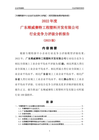 [专精特新]广东顺威赛特工程塑料开发有限公司行业竞争力评级分析报告(2023版)