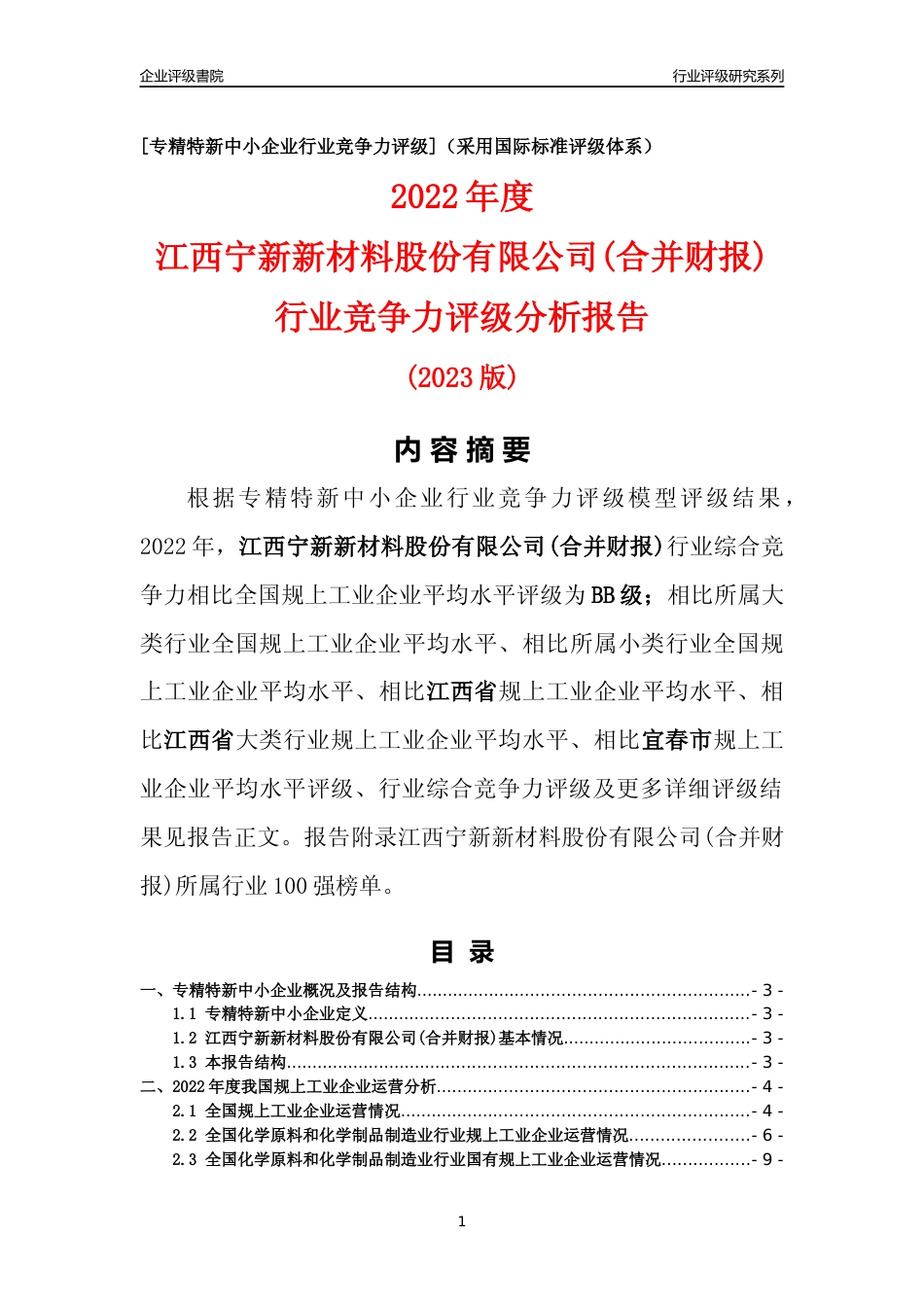 [专精特新]江西宁新新材料股份有限公司(合并财报)行业竞争力评级分析报告(2023版)_第1页