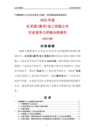 [专精特新]红禾朗(惠州)电工有限公司行业竞争力评级分析报告(2023版)