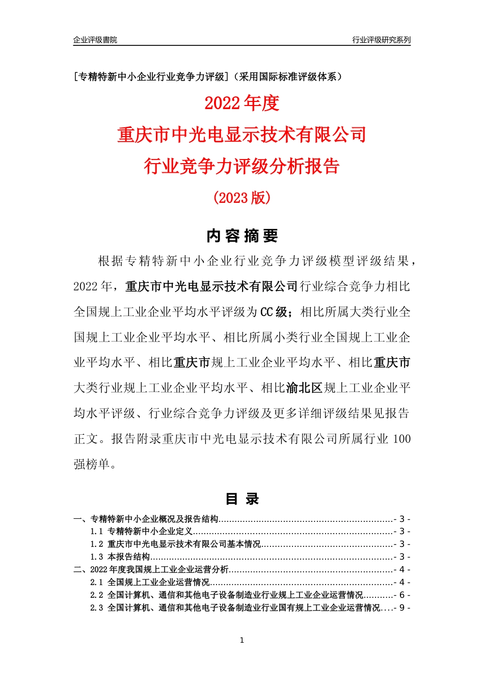 [专精特新]重庆市中光电显示技术有限公司行业竞争力评级分析报告(2023版)_第1页