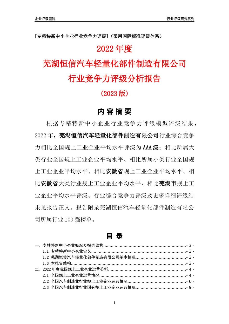 [专精特新]芜湖恒信汽车轻量化部件制造有限公司行业竞争力评级分析报告(2023版)_第1页