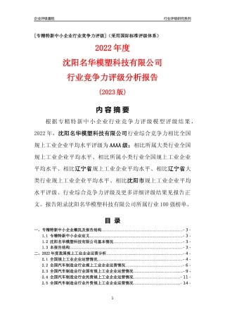 [专精特新]沈阳名华模塑科技有限公司行业竞争力评级分析报告(2023版)