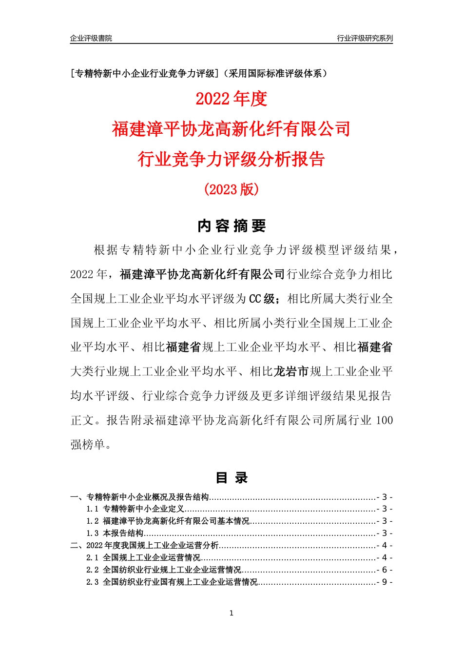 [专精特新]福建漳平协龙高新化纤有限公司行业竞争力评级分析报告(2023版)_第1页