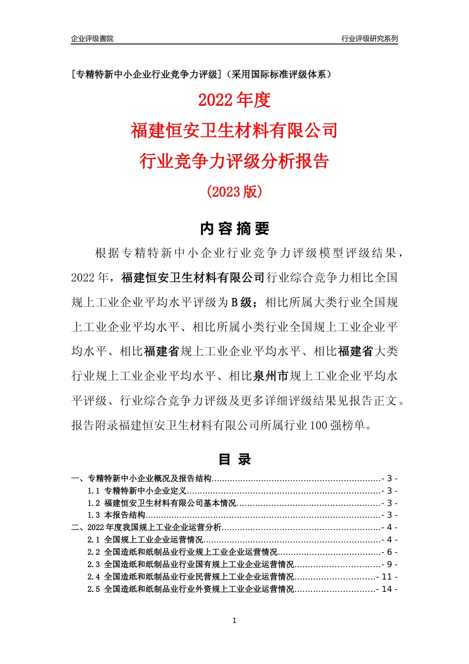 [专精特新]福建恒安卫生材料有限公司行业竞争力评级分析报告(2023版)_第1页
