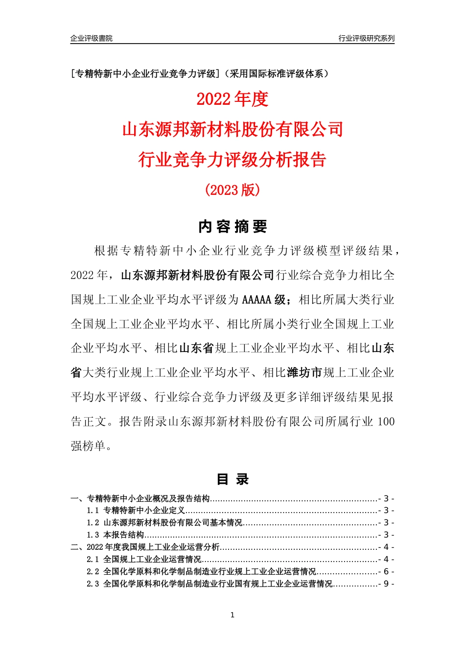 [专精特新]山东源邦新材料股份有限公司行业竞争力评级分析报告(2023版)_第1页