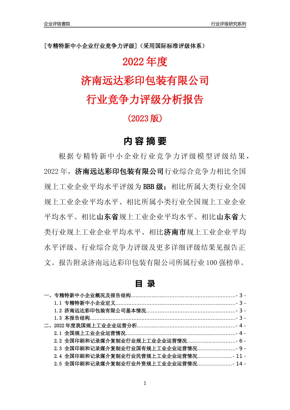 [专精特新]济南远达彩印包装有限公司行业竞争力评级分析报告(2023版)_第1页