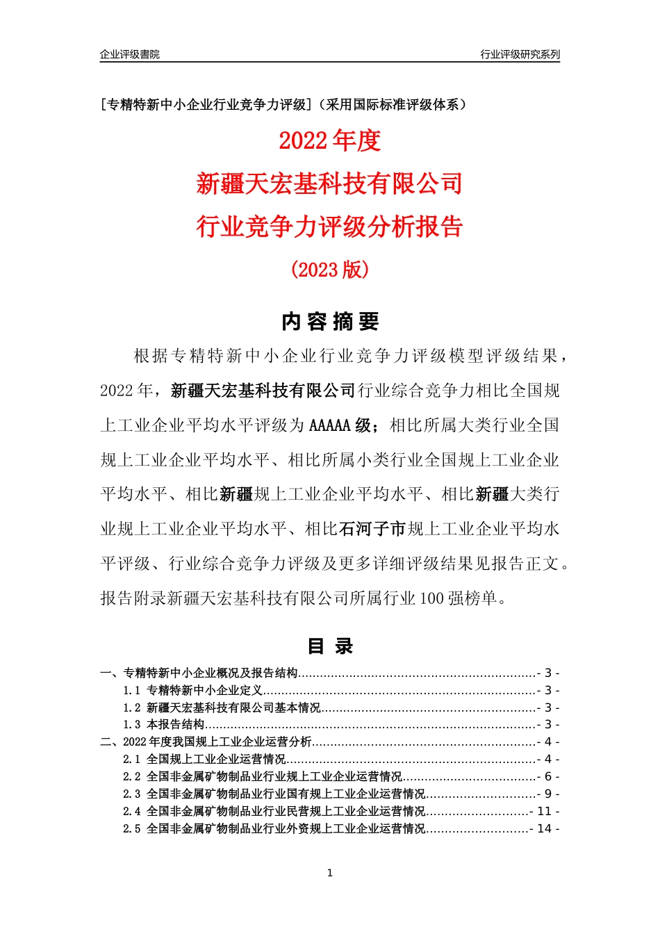 [专精特新]新疆天宏基科技有限公司行业竞争力评级分析报告(2023版)_第1页