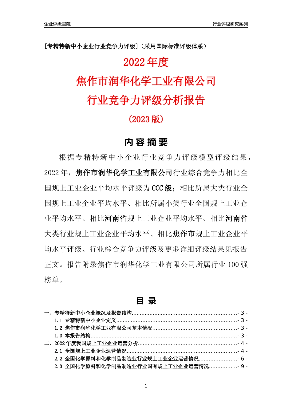 [专精特新]焦作市润华化学工业有限公司行业竞争力评级分析报告(2023版)_第1页