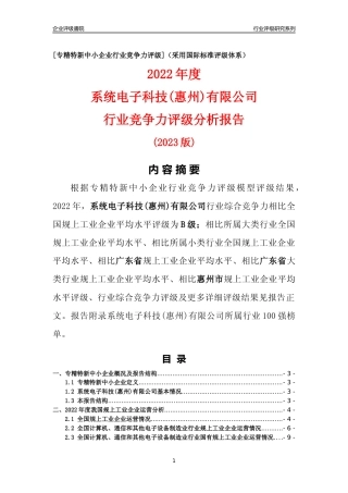 [专精特新]系统电子科技(惠州)有限公司行业竞争力评级分析报告(2023版)