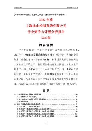 [专精特新]上海迪由控制系统有限公司行业竞争力评级分析报告(2023版)