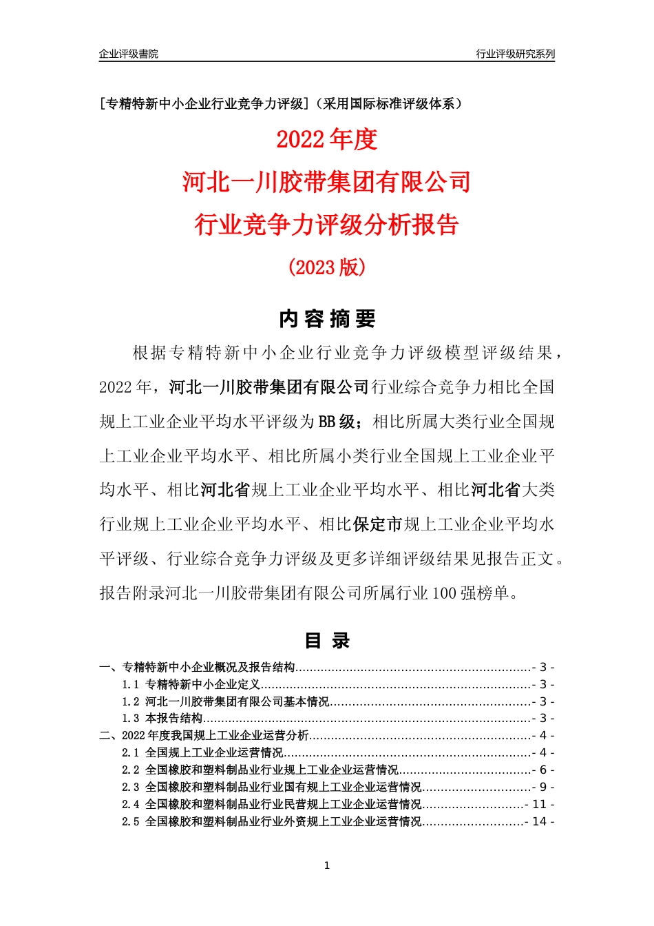 [专精特新]河北一川胶带集团有限公司行业竞争力评级分析报告(2023版)_第1页
