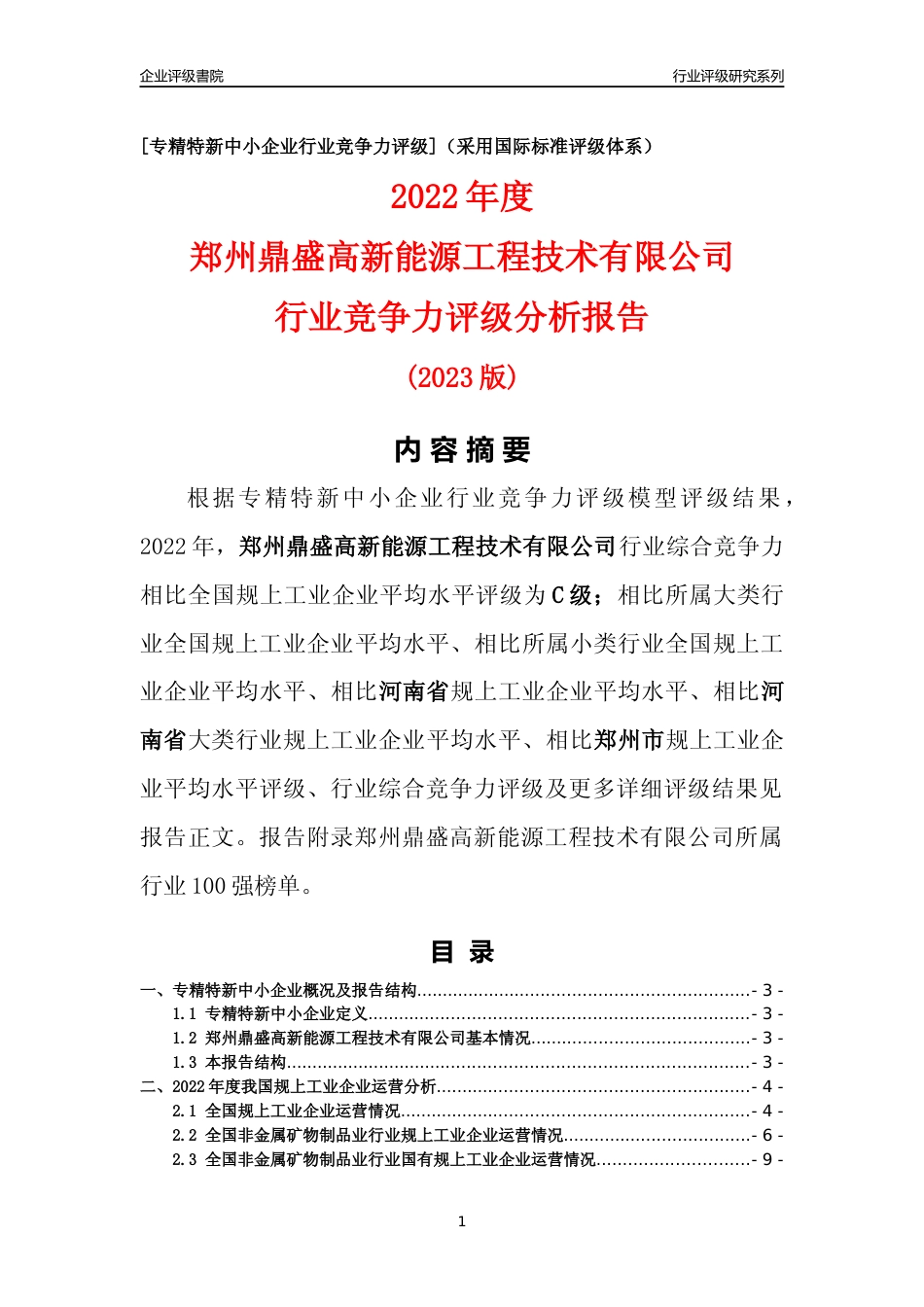 [专精特新]郑州鼎盛高新能源工程技术有限公司行业竞争力评级分析报告(2023版)_第1页